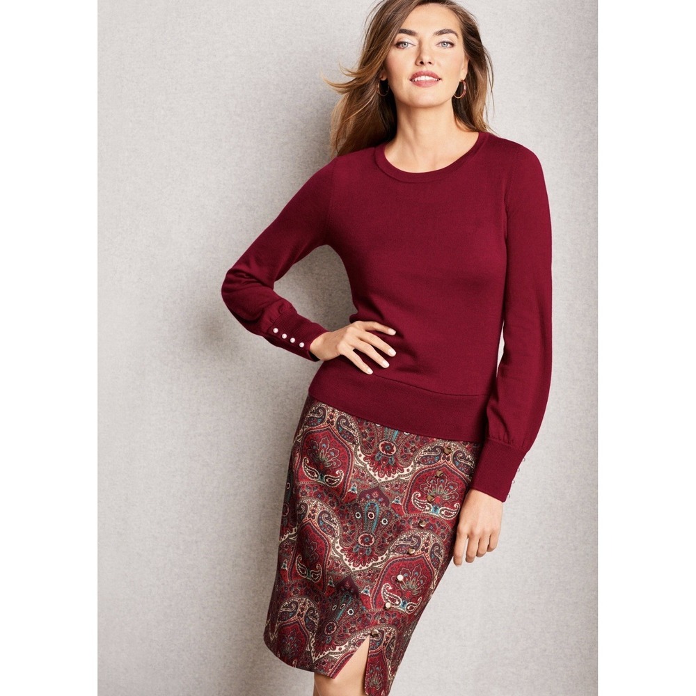 Talbots Button Cuff Merino Wool Sweater Women's 1X Bordo Red Pullover Career